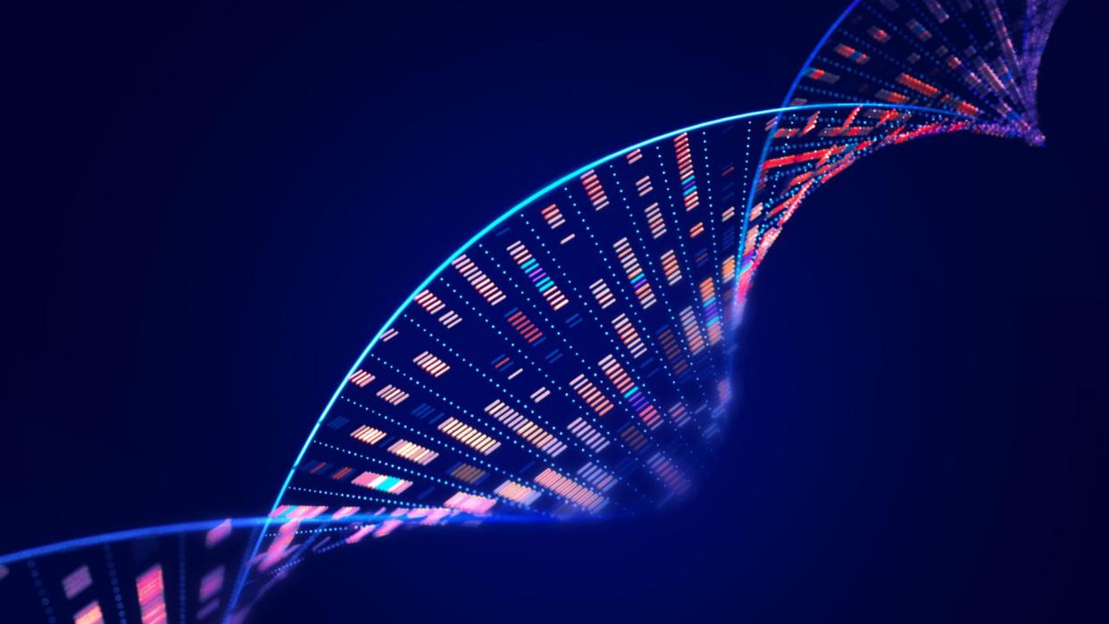  DNA molecular structure with sequencing data of human genome analysis on black background 