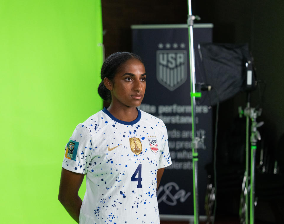 AUCKLAND, NEW ZEALAND - JULY 17: Naomi Girma #4 of the United States poses for video during a USWNT FIFA Portrait Session at the team hotel on July 17, 2023 in Auckland, New Zealand. (Photo by Brad Smith/USSF/Getty Images for USSF)