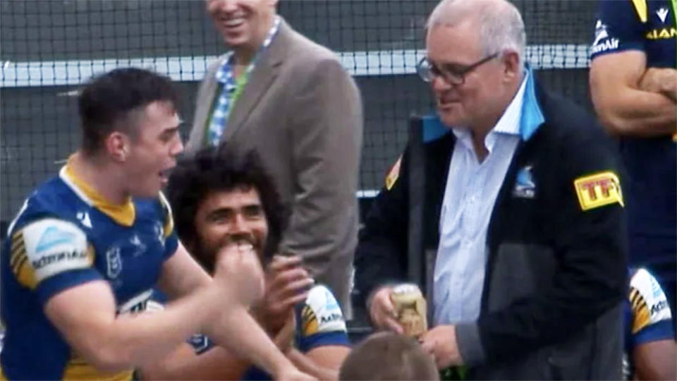 Scott Morrison, pictured here in the Parramatta Eels dressing rooms.