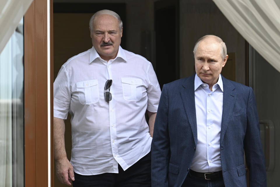 Russian President Vladimir Putin, right, and Belarusian President Alexander Lukashenko walk during their meeting at the Bocharov Ruchei residence in the resort city of Sochi, Russia, Friday, June 9, 2023. (Pavel Bednyakov, Sputnik, Kremlin Pool Photo via AP)