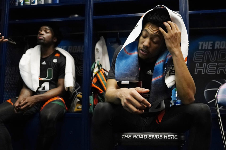 Miami guard Nijel Pack reacts after their loss against Connecticut in a Final Four college basketball game in the NCAA Tournament on Saturday, April 1, 2023, in Houston. (AP Photo/Brynn Anderson)