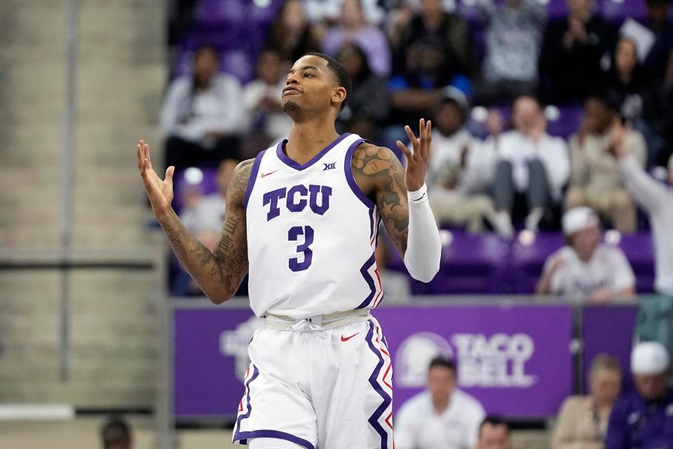 TCU guard Avery Anderson III reacts to scoring a 3-pointer against OU on Jan. 10 in Fort Worth, Texas.