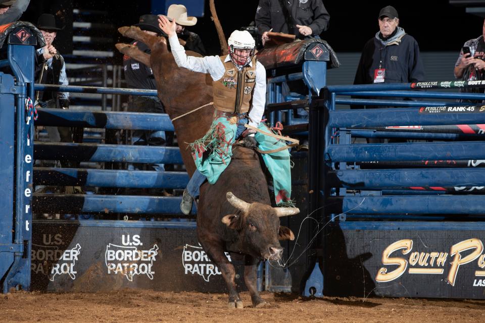 Hunter Ball rides Captain Sparrow of Halpain Bucking Bulls No. 2 for 87 points during the Round 3 (Short-Go) of the Professional Bull Riders Pendleton Whisky Velocity Tour event in Lexington, Kentucky.