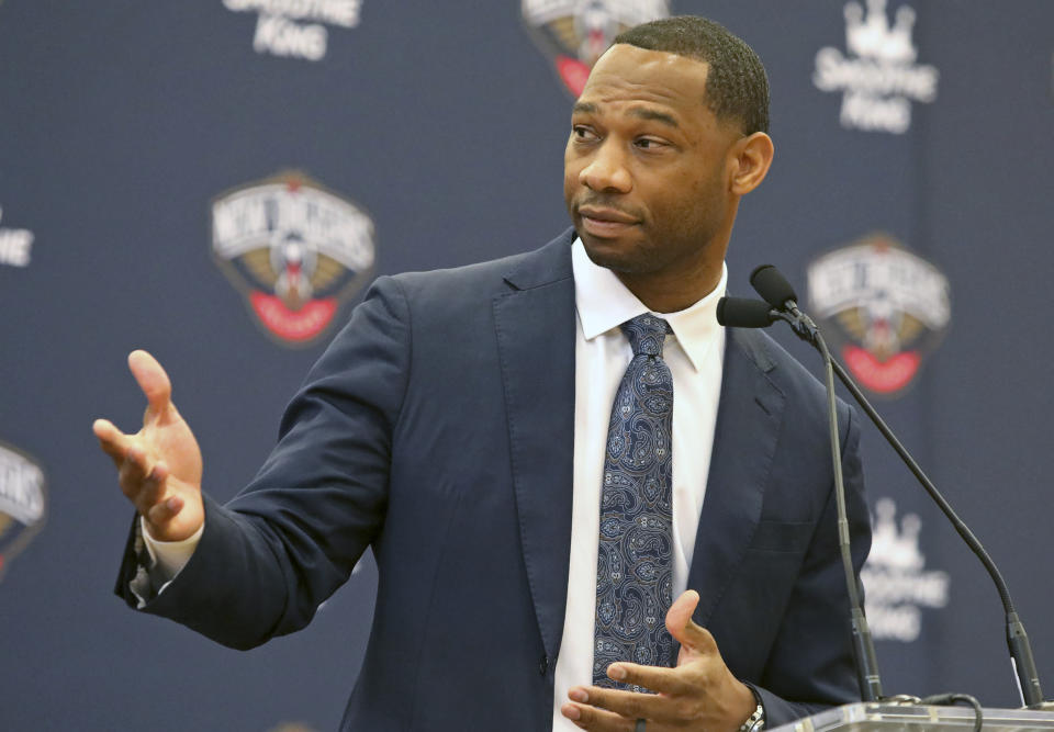 Willie Green speaks at a news conference where he was introduced as the new head coach for the New Orleans Pelicans NBA basketball team, in Metairie, La., Tuesday, July 27, 2021. (AP Photo/Ted Jackson)