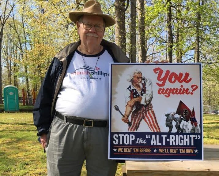 Paul Adams&nbsp;at&nbsp;a protest against the white nationalist group American Renaissance on April 28, 2018.&nbsp; (Photo: Christopher Mathias HuffPost)