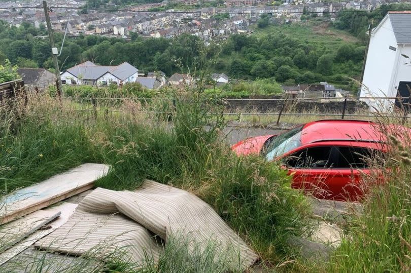 Front garden with road, red car and view of valley