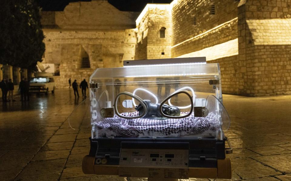 An installation representing Jesus in the manger in Bethlehem in the West Bank