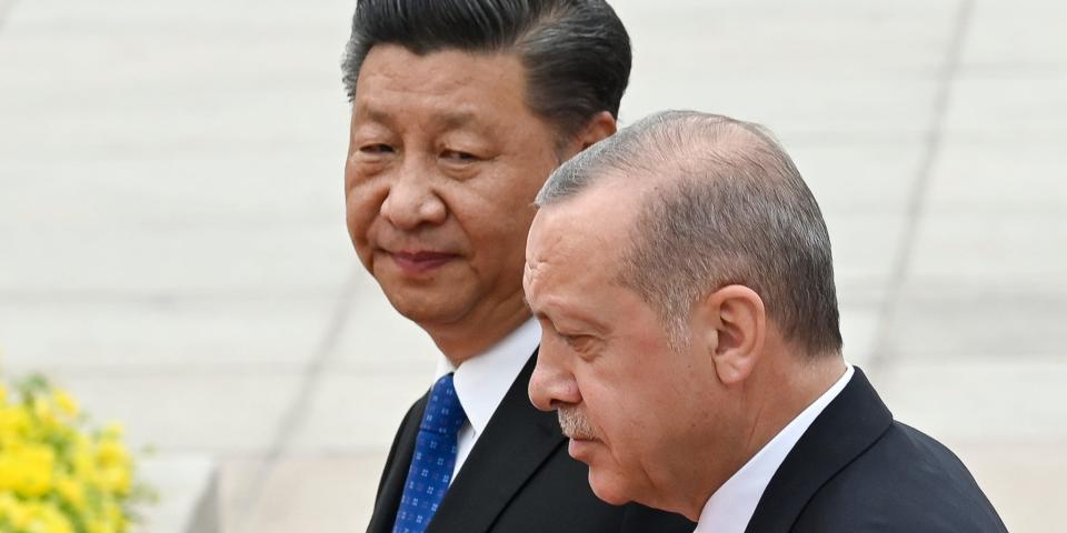 Turkish President Recep Tayyip Erdogan (R) and Chinese President Xi Jinping (L) inspect Chinese honour guards during a welcome ceremony outside the Great Hall of the People in Beijing on July 2, 2019. (Photo by WANG ZHAO / AFP) (Photo credit should read WANG ZHAO/AFP via Getty Images)