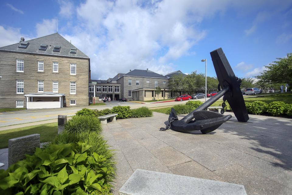 FILE - This June 14, 2019, file photo shows the campus of the U.S. Naval War College in Newport, R.I. Rear Adm. Jeffrey Harley, head of the school, was removed from his post in June, days after The Associated Press reported he was under investigation amid allegations of mismanagement. (AP Photo/Stew Milne, File)