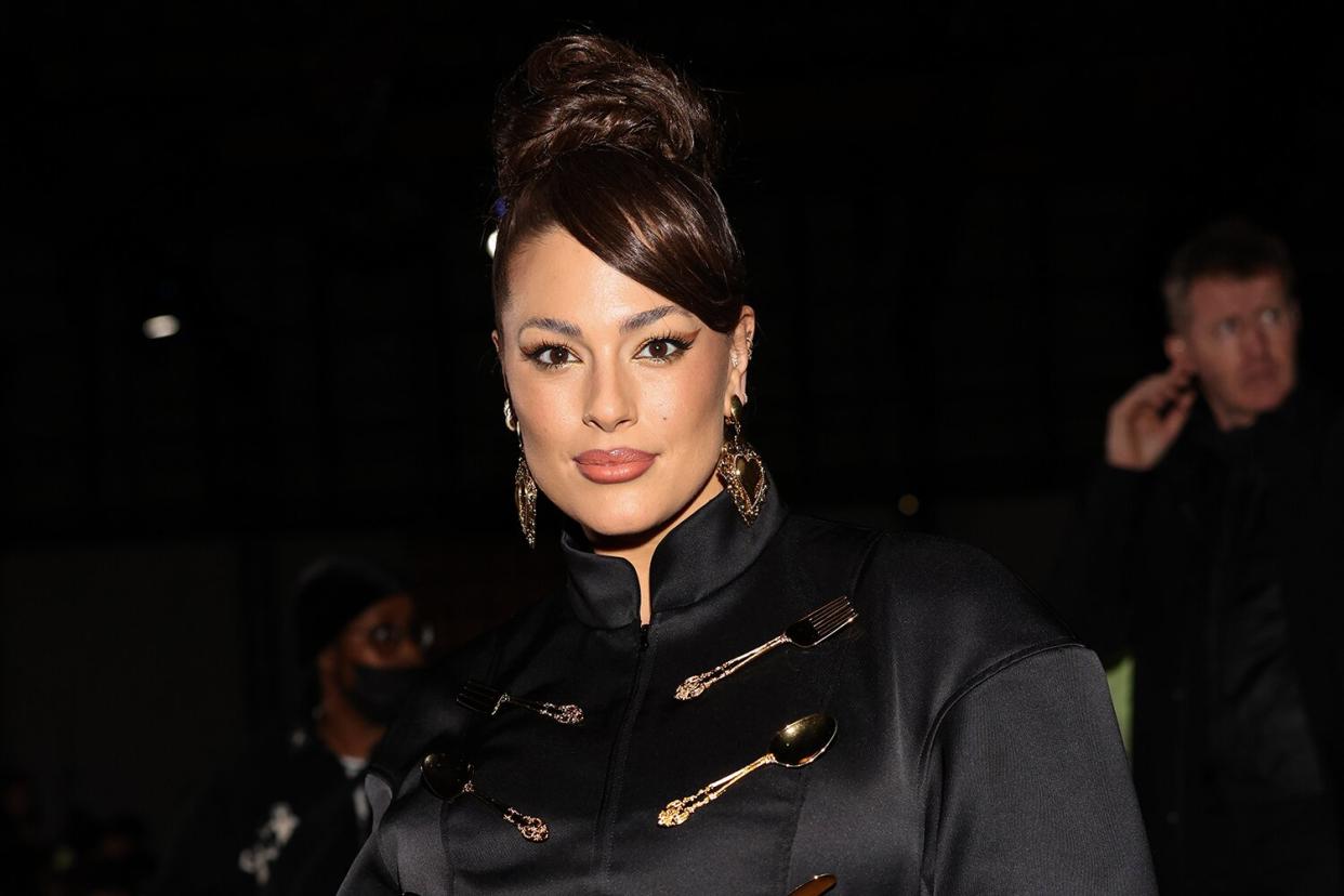 Ashley Graham is seen on the front row of the Moschino fashion show during the Milan Fashion Week Womenswear Fall/Winter 2023/2024