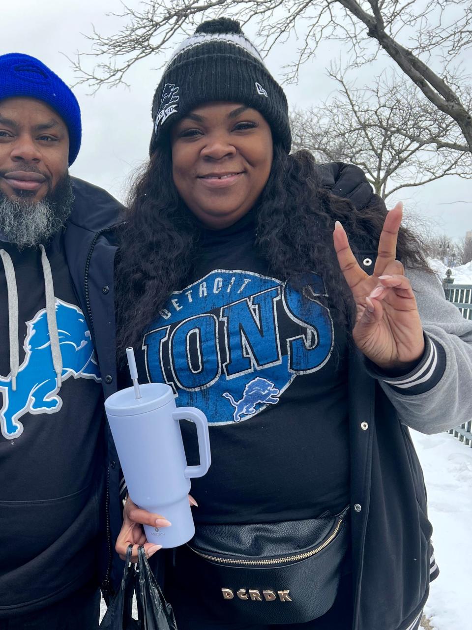 Wayne Gardner and Shannon Green pose for a photo before they head to a tailgate outside Ford Field on Sunday, Jan. 21, 2024, before the Detroit Lions take on the Tampa Bay Buccaneers. Gardner and Green, both lifelong Detroiters, said they were much less nervous about Sunday's game than they were when the Lions faced the Los Angeles Rams the week before.