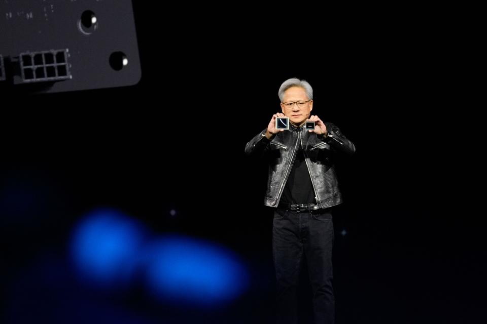 CEO Jensen Huang talks about processing units during the keynote address of Nvidia GTC in San Jose, Calif., Monday, March 18, 2024. (AP Photo/Eric Risberg)