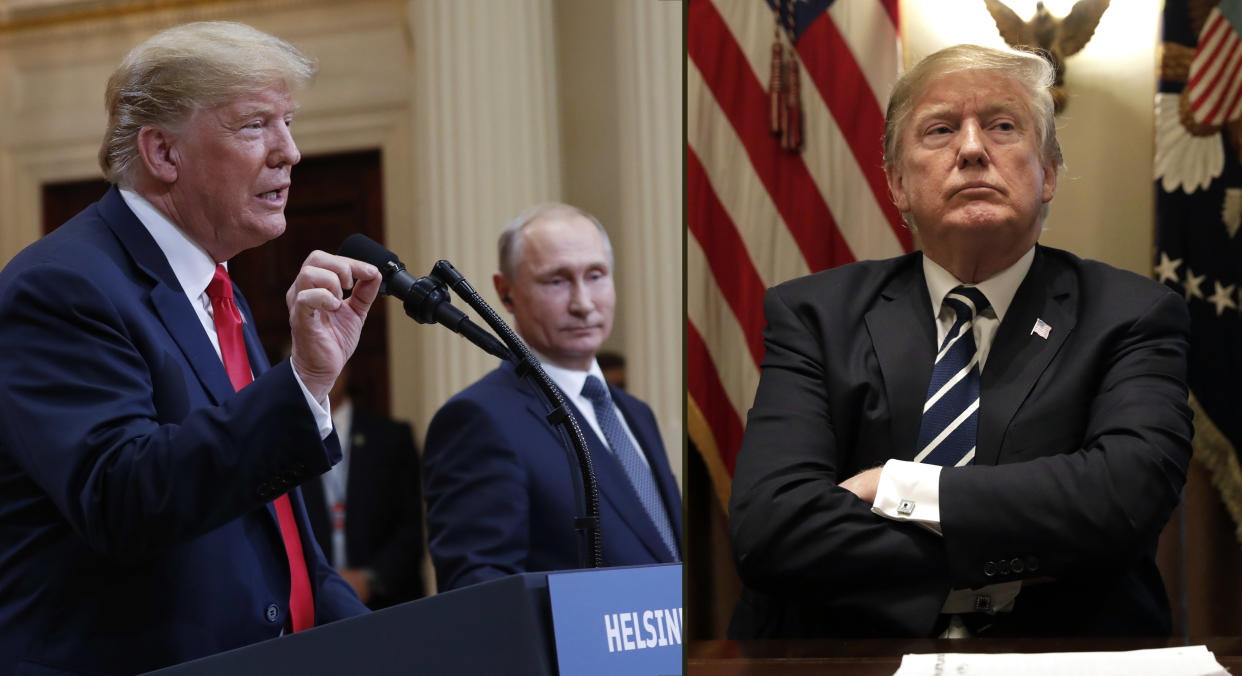 After a joint news conference, left, with Vladimir Putin in Helsinki on July 16, 2018, President Trump heard from members of Congress at a meeting, right, in the White House on July 17. (Photos: Pablo Martinez Monsivais, Yuri Gripas/Bloomberg via Getty Images)