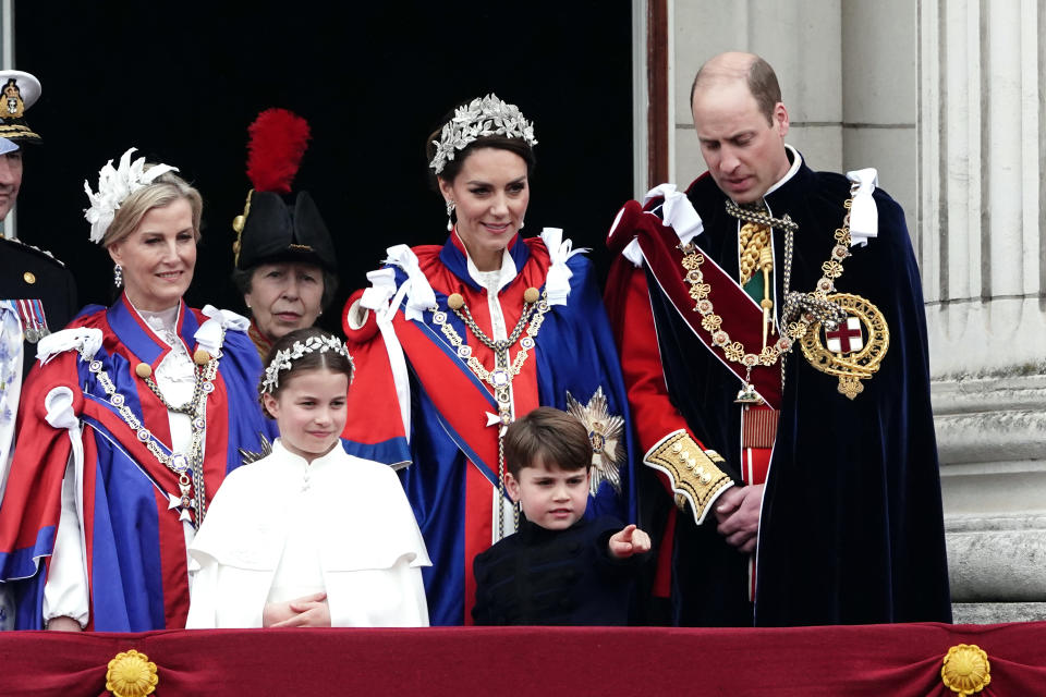 <p>(Left to right) The Duchess of Edinburgh, the Princess Royal, Princess Charlotte, the Princess of Wales, Prince Louis and the Prince of Wales on the balcony of Buckingham Palace, London, to view a flypast by aircraft from the Royal Navy, Army Air Corps and Royal Air Force - including the Red Arrows, following their coronation. following the coronation of King Charles III and Queen Camilla. Picture date: Saturday May 6, 2023. (Photo by Jordan Pettitt/PA Images via Getty Images)</p> 