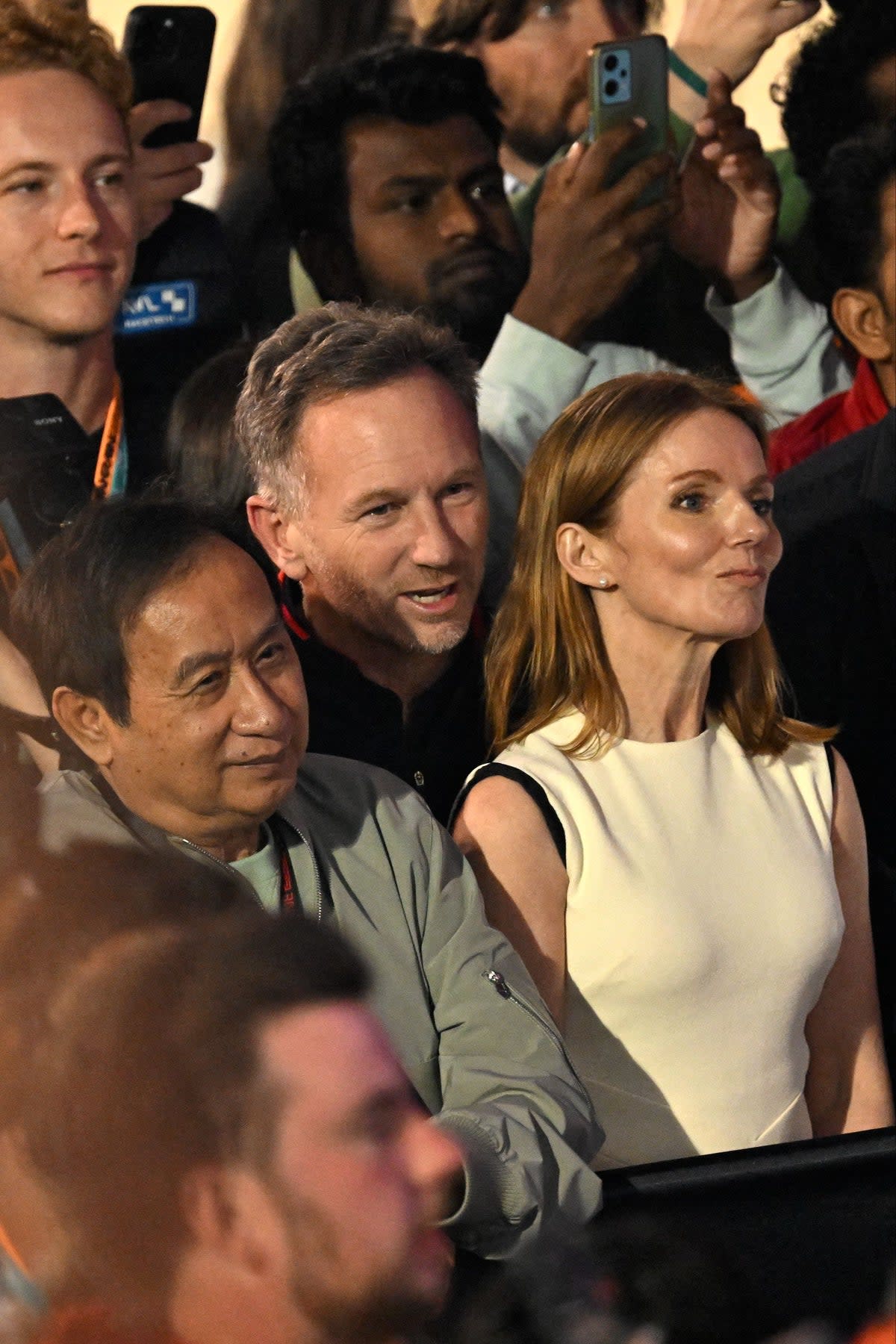 Red Bull Racing team principal Christian Horner and wife Geri Halliwell attend the podium ceremony of the Bahrain Formula One Grand Prix on March 2 (AFP via Getty Images)