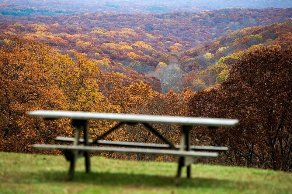 Peak autumn foliage is seen in Brown County State Park, Nashville, Ind., Nov. 6, 2017.