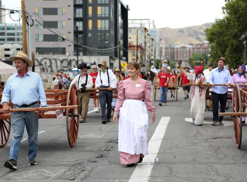 Members of the Sons of Utah Pioneers walk in the Days of ‘47 Parade in Salt Lake City on Monday, July 24, 2023. | Laura Seitz, Deseret News