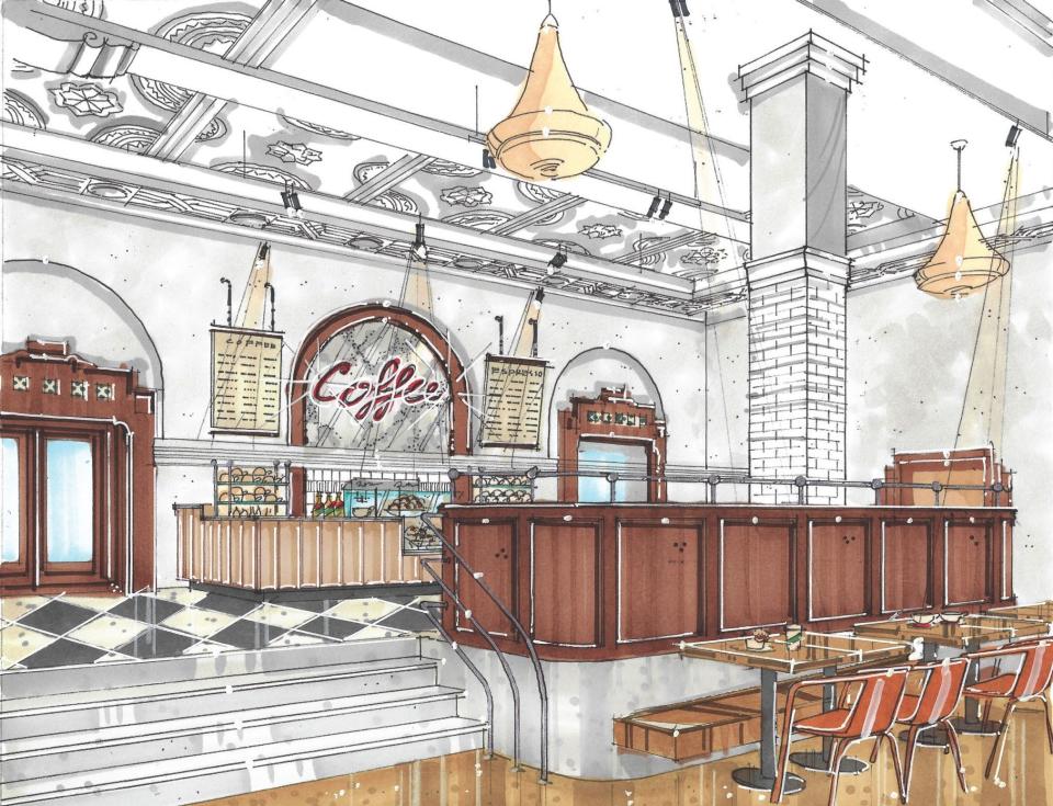 Rendering of coffee shop in planned Kress Building food hall.