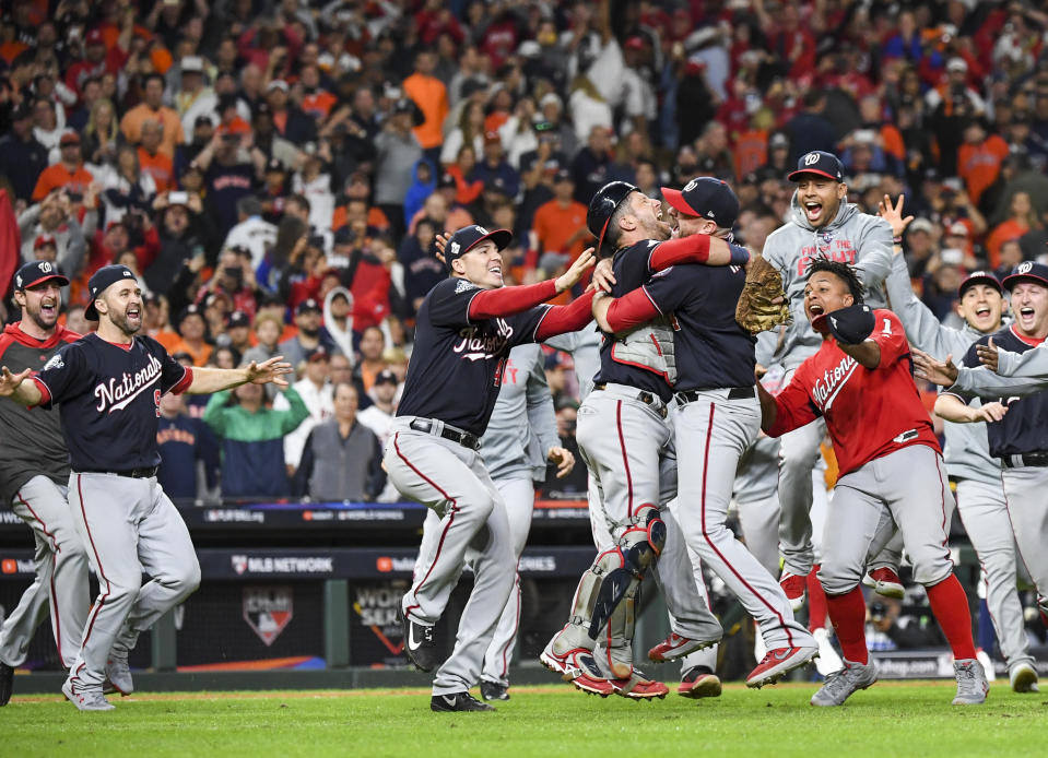 HOUSTON, TEXAS - OCTOBER 30: The Washington Nationals celebrate beating the Houston Astros 6-2 in Game 7 of the World Series at Minute Maid Park on Wednesday, October 30, 2019. (Photo by Jonathan Newton /The Washington Post via Getty Images)