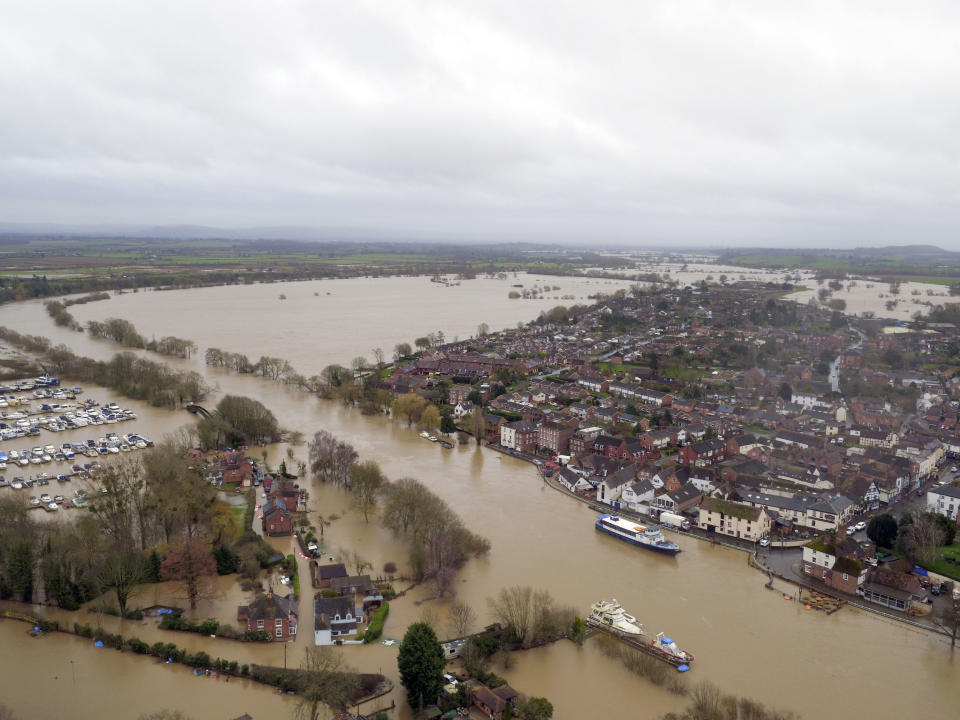 Flood water continues to surround Upton-upon-Severn, Worcestershire, in the aftermath of Storm Dennis. PA Photo. Picture date: Thursday February 20, 2020. Those already battling with the aftermath of several days worth of rain have been told to expect even more, with pockets of North Wales, northern England and Scotland among those in line for further deluges. The Environment Agency (EA) warned there is a "heightened flood risk" across the Midlands, while there are six severe flood warnings - meaning a danger to life - in place around the Rivers Lugg, Severn and Wye. The lower Avon also remains especially high. See PA story WEATHER Storm. Photo credit should read: Steve Parsons/PA Wire