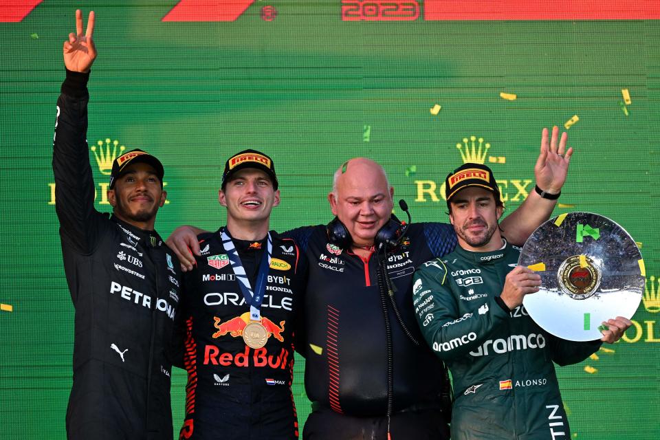 Max Verstappen, pictured here on the podium with Lewis Hamilton and and Fernando Alonso.