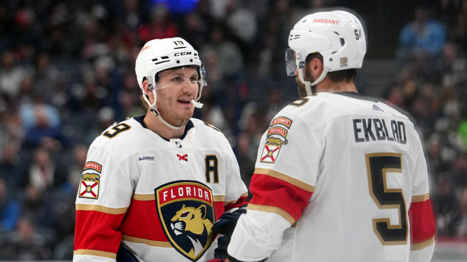 Panthers stars Matthew Tkachuk and Aaron Ekblad grinded through some wild injuries this postseason. (Getty)