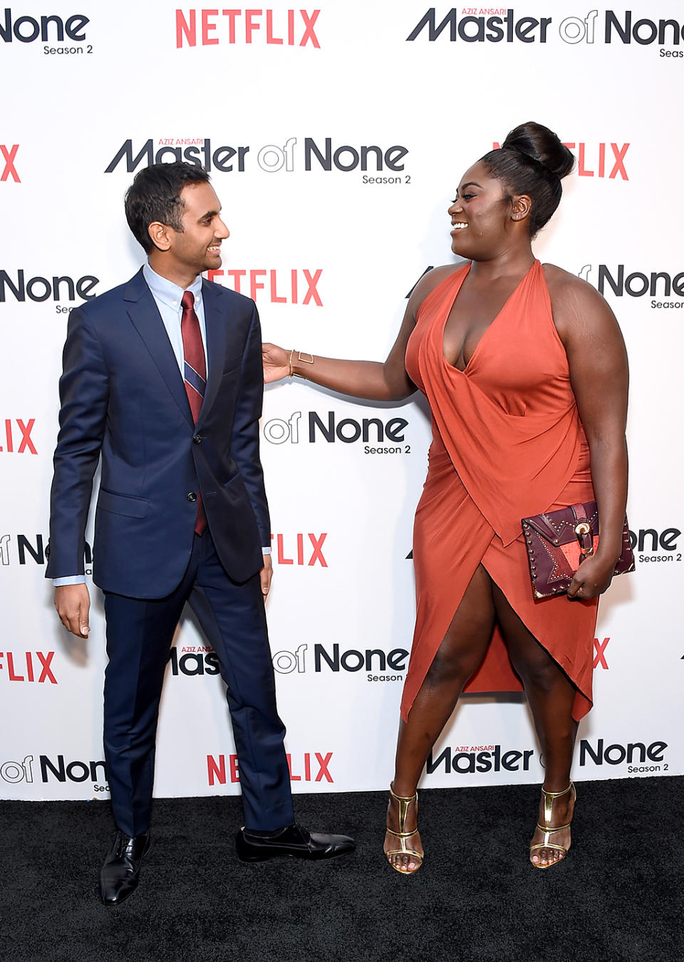 <p>The <i>Master of None</i> creator and star and his guest star were happy to see each other at a screening of Ansari’s new season in NYC. (Photo: Michael Loccisano/Getty Images for Netflix) </p>