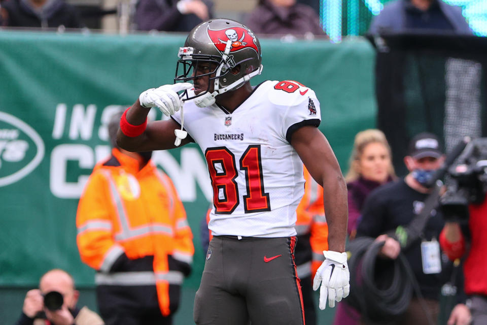 EAST RUTHERFORD, NJ - JANUARY 02:  Tampa Bay Buccaneers wide receiver Antonio Brown (81) reacts after a first down during the National Football League game between the New York Jets and the Tampa Bay Buccaneers on January 2, 2022 at MetLife Stadium in East Rutherford, NJ.   (Photo by Rich Graessle/Icon Sportswire via Getty Images)