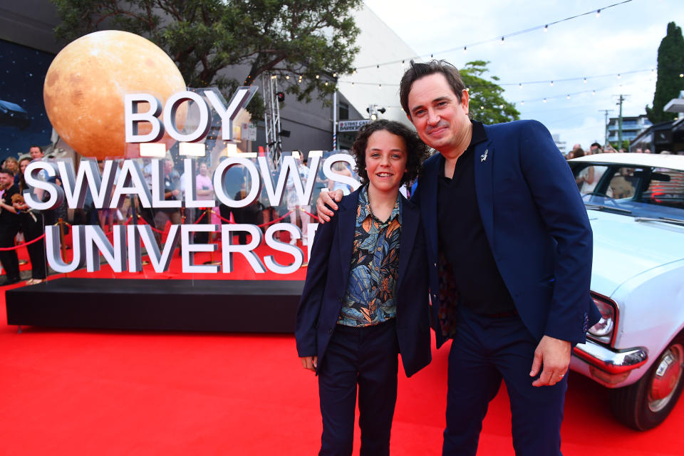 Felix Cameron and Trent Dalton pose for photographs during the Netflix global premiere of Boy Swallows Universe.