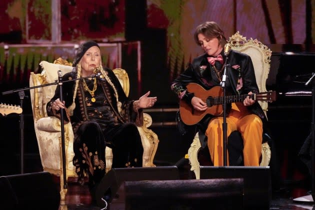 Joni Mitchell, left, and Brandi Carlile perform "Both Sides Now" during the 66th annual Grammy Awards  - Credit: Chris Pizzello/Invision/AP Images