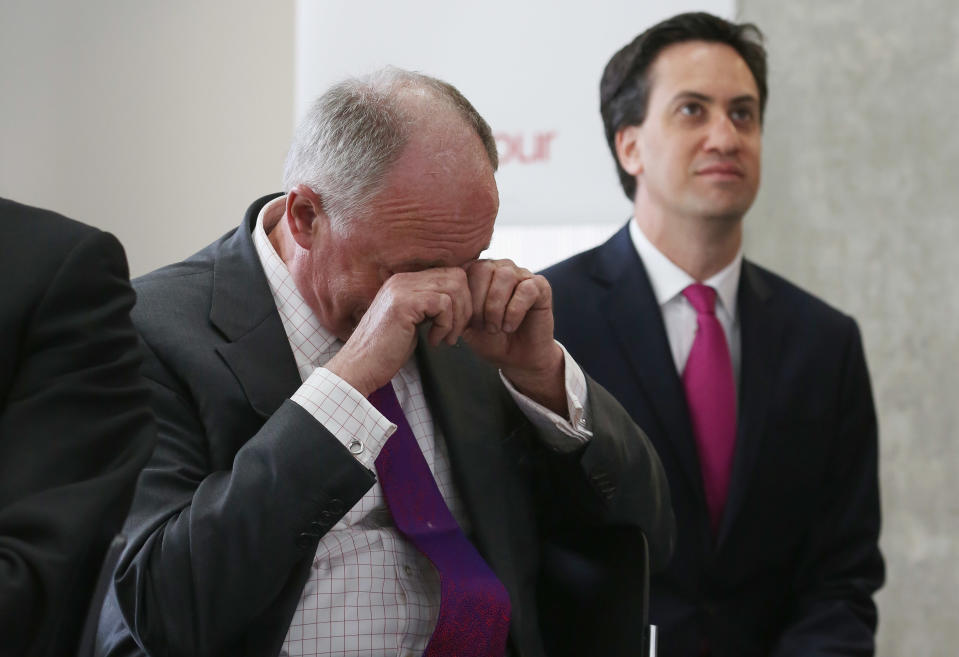 Ken Livingstone, the Labour candidate for Mayor of London, wells up as his mayoral promotional video is shown at Ravensbourne College in London. Mr Livingstone was joined by Ed Miliband at the launch of his manifesto of pledges ahead of the election for Mayor of London.