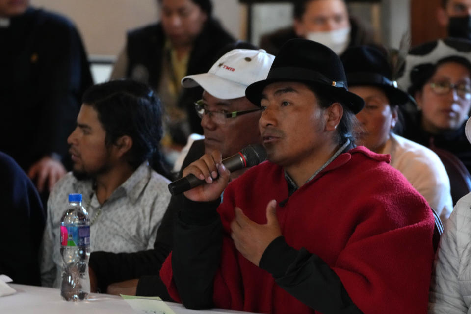 Indigenous leader Leonidas Iza speaks during a dialogue with the government of President Guillermo Lasso at the Basilica del Voto Nacional in downtown Quito, Ecuador, Tuesday, June 28, 2022. (AP Photo/Dolores Ochoa)