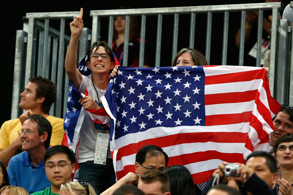 LONDON, ENGLAND - JULY 29: Fans of the United States cheer during their Men's Basketball Game against France on Day 2 of the London 2012 Olympic Games at the Basketball Arena on July 29, 2012 in London, England.. (Photo by Jamie Squire/Getty Images)