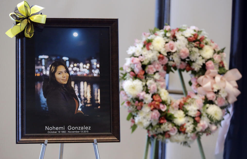 FILE - A picture is displayed during a memorial service for California State Long Beach student Nohemi Gonzalez, who was killed by Islamic State gunmen in Paris, Sunday, Nov. 15, 2015, in Long Beach, Calif. A lawsuit against YouTube from the family of Nohemi Gonzalez is at the center of a closely watched Supreme Court case being argued Tuesday, Feb. 21, 2023. (AP Photo/Chris Carlson, File)