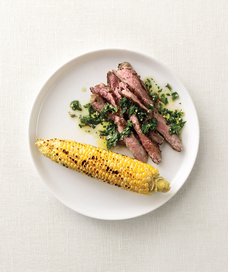 Steak with Chimichurri Sauce & Fire Roasted Corn