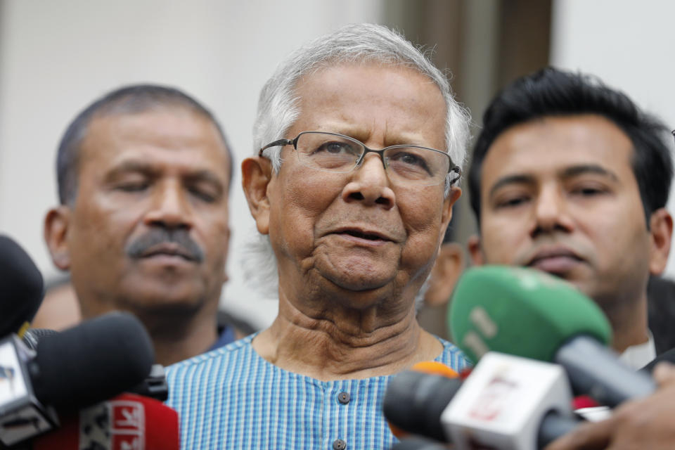 Nobel laureate Muhammad Yunus speaks to the media after he was granted bail by a court in an embezzlement case, in Dhaka, Bangladesh, Sunday, Mar. 03, 2024. (AP Photo/Mahmud Hossain Opu)