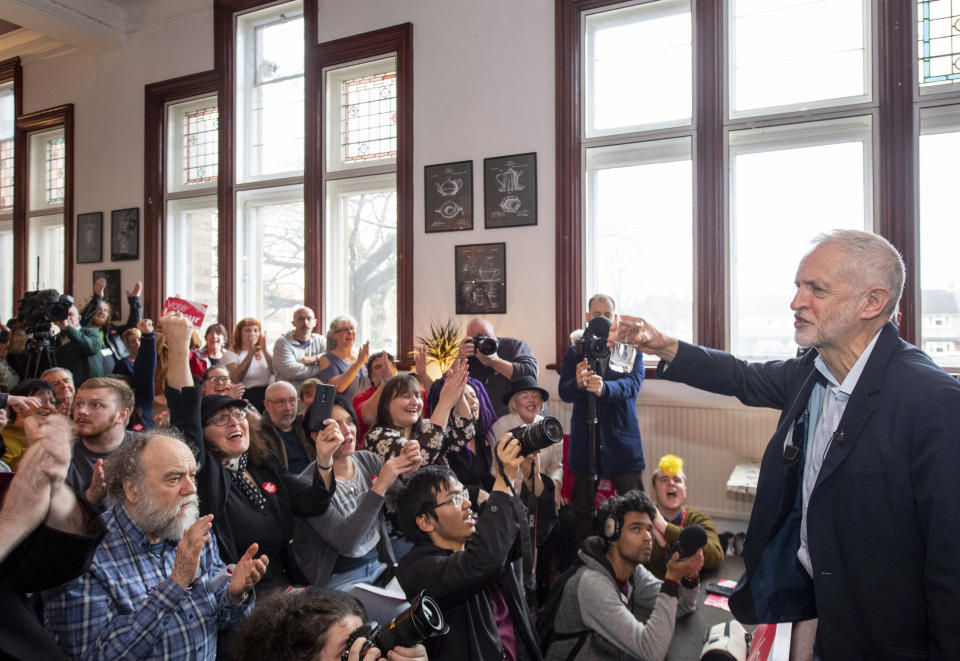 Labour Party leader Jeremy Corbyn speaks during a visit to Fenton Town Hall, while on the General Election campaign trail in Stoke-on-Trent, England, Friday, Nov. 22, 2019. (Joe Giddens/PA via AP)