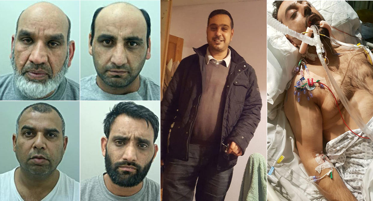 Horrific: The four men, left, were jailed for life following the ciocious attack on Mr Choudry, right. (PA and SWNS)