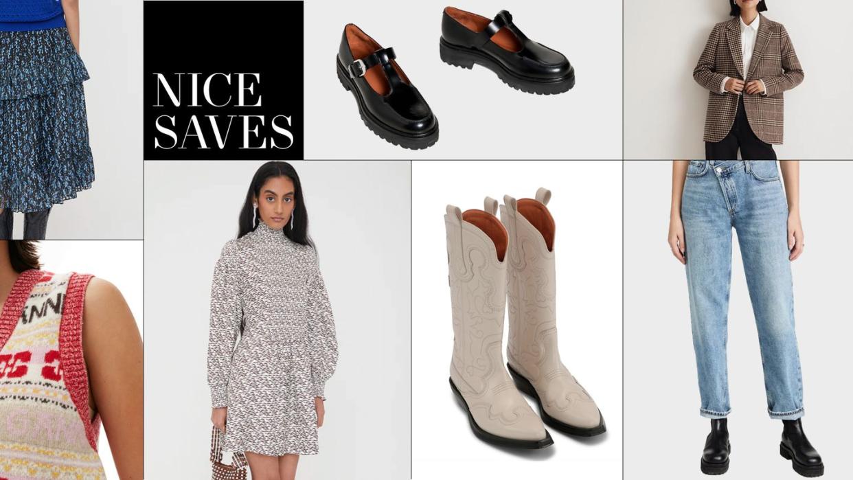 a collage of items on sale in a guide to weekly deals including a shrimps skirt, ganni vest, madewell blazer, and reformation flats