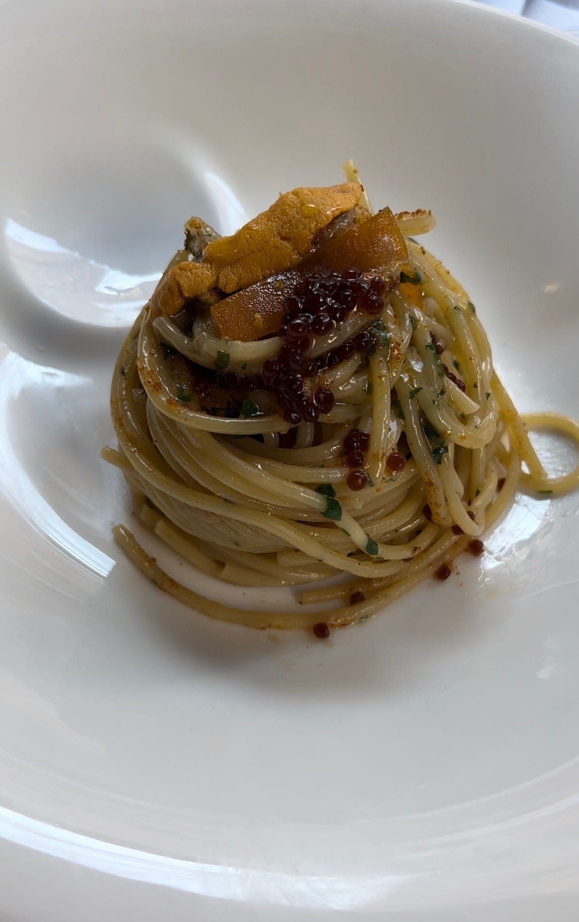 Spaghettone matt felicetti with bottarga and uni at Lucciola in New York City