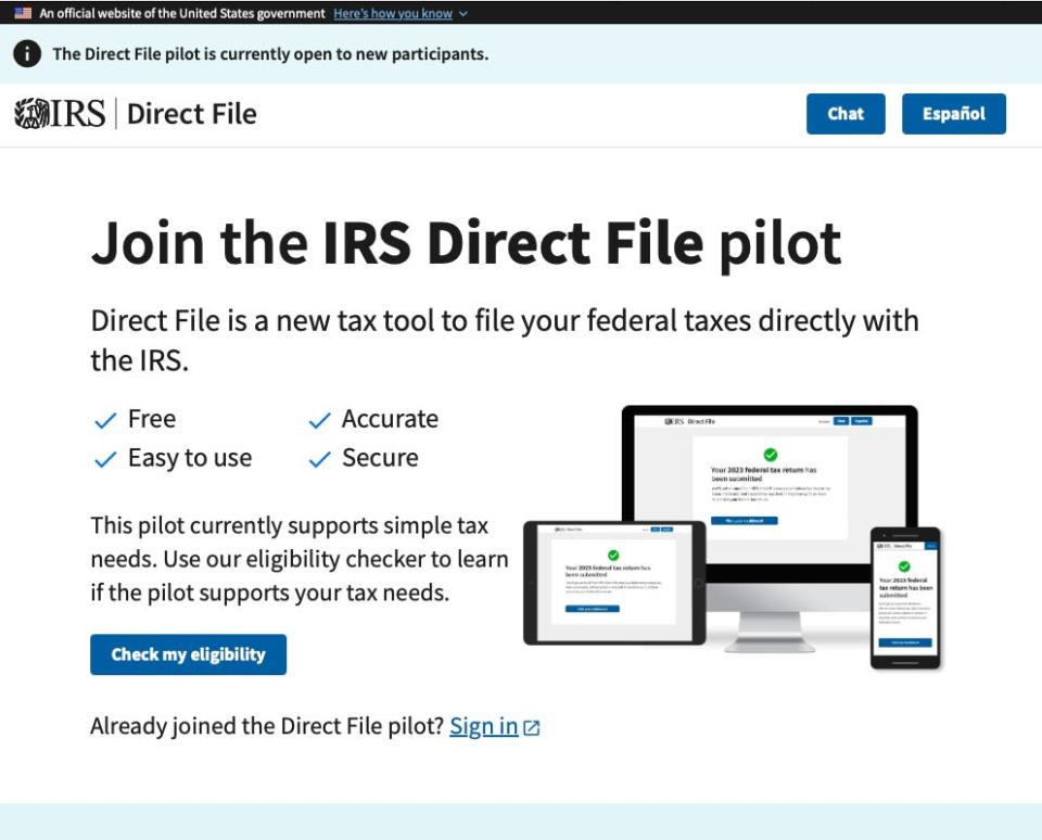 The IRS Direct File welcome page