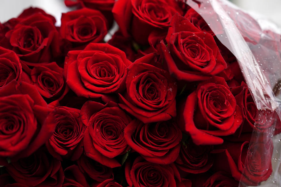 Red roses are displayed in the Churchill Downs plaza before the 148th running of the Kentucky Derby horse race Saturday, May 7, 2022, in Louisville, Ky. (AP Photo/Brynn Anderson)