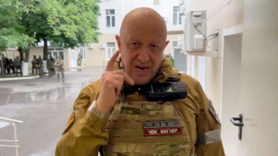 PHOTO: Wagner mercenary group leader Yevgeny Prigozhin speaks inside the headquarters of the Russian southern army military command centre in the city of Rostov-on-Don, Russia, in this still image taken from a video released June 24, 2023. (Press Service of 