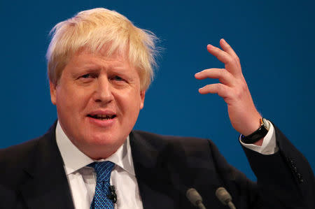 Britain's Secretary of State for Foreign and Commonwealth Affairs Boris Johnson addresses the Conservative Party conference in Manchester, October 3, 2017. REUTERS/Hannah McKay