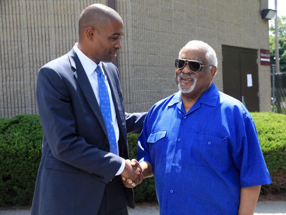 New York Lieutenant Governor Antonio Delgado with Beulah Baptist Church pastor, Reverend Jesse Bottoms after the pastor hosted a meeting with City of Poughkeepsie community and religious leaders about gun violence on June 3, 2022. 