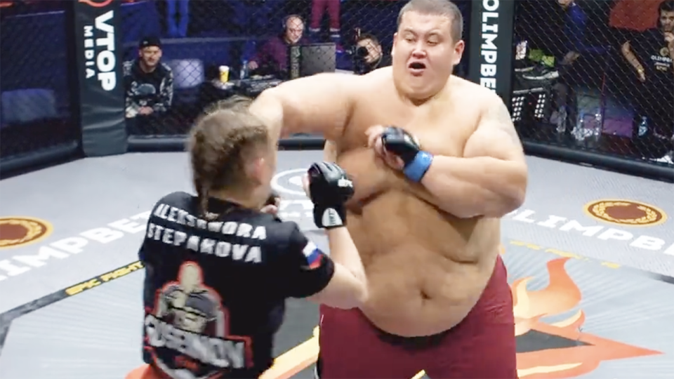MMA fans were left horrified after footage from an intergender match featuring a female strawweight and male heavyweight went viral over the weekend. Picture: Twitter