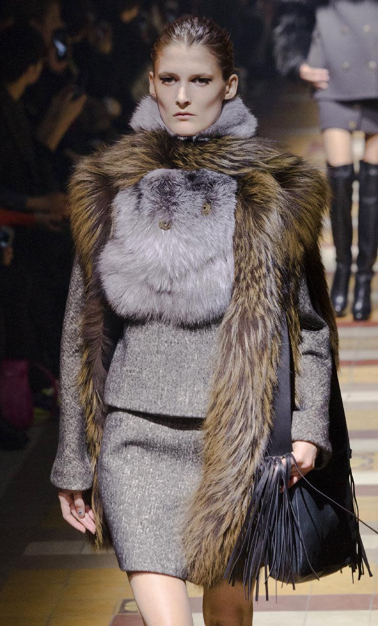 A model presents a creation as part of Lanvin's ready-to-wear fall/winter 2014-2015 fashion collection presented in Paris, Thursday, Feb. 27, 2014.(AP Photo/Jacques Brinon)