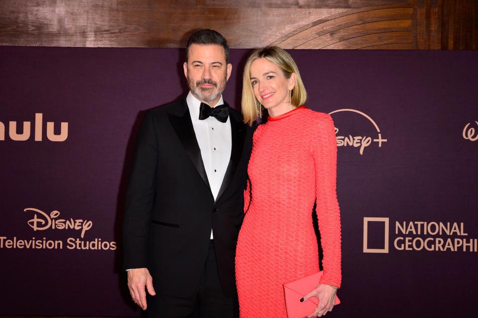 LOS ANGELES, CALIFORNIA - JANUARY 15: (L-R) Jimmy Kimmel and Molly McNearney attend The Walt Disney Company Emmy Awards Party at Otium on January 15, 2024 in Los Angeles, California. (Photo by Jerod Harris/Getty Images) ORG XMIT: 776089419 ORIG FILE ID: 1936613818