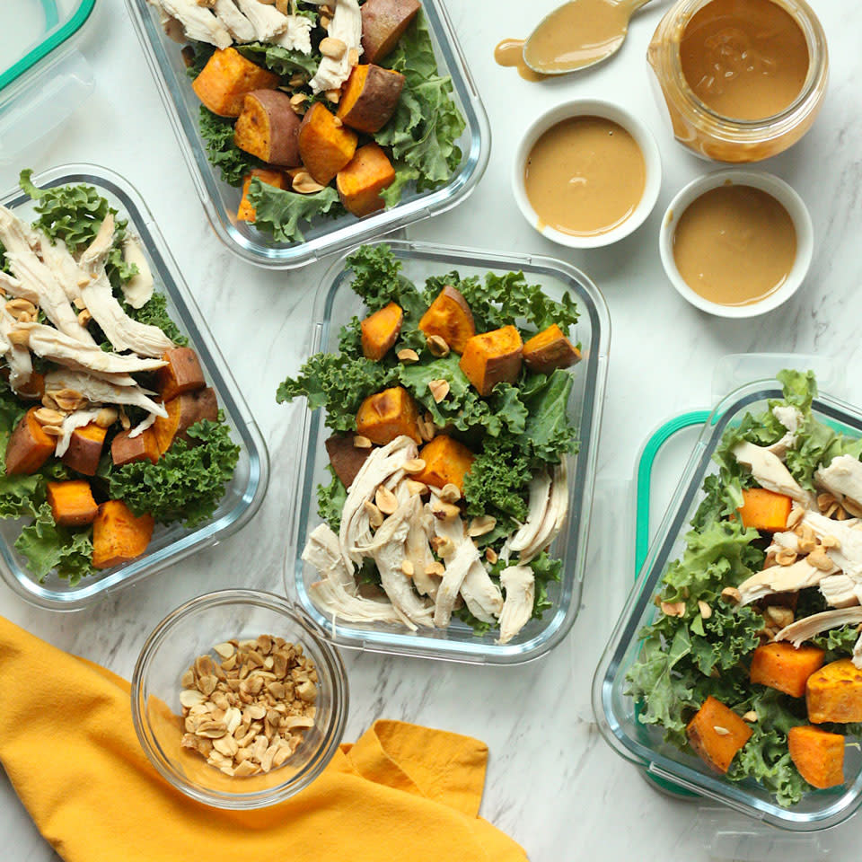 Sweet Potato, Kale & Chicken Salad with Peanut Dressing