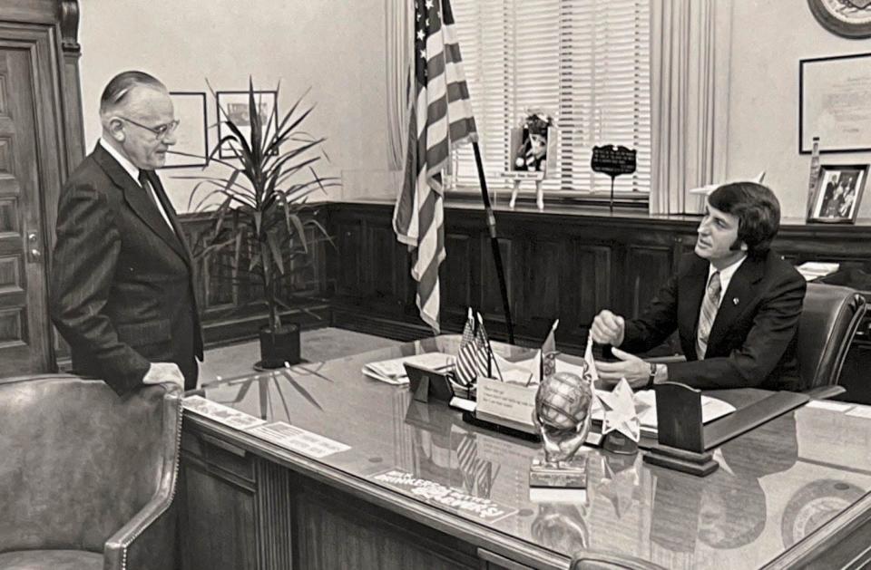 Garrey Carruthers, right, visits with U.S. Secretary of Agriculture Earl Butz in Washington, D.C.